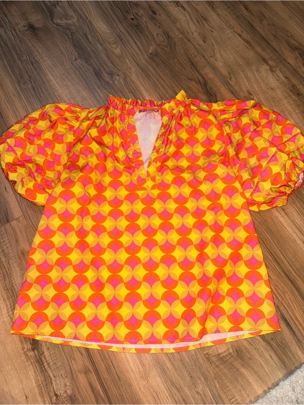 THML Colorful Abstract Puff Sleeve Mock Neck Blouse Size S